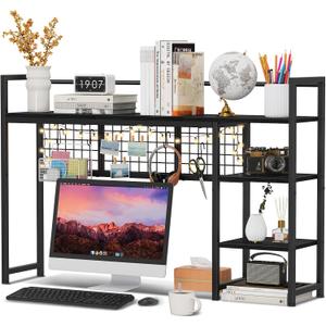 Snughome Desk Shelf, 44.9" Desktop Organizer Shelf, Desk Hutch for Computer Monitor, 4 Tier Desk Display Rack with Pegboard Hooks Set, Wood Desktop Bookshelf for Home Office Dorm