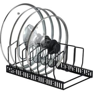 Toplife Pot Lids Organizer Rack for Cabinet and Countertop, 7+ Pan Lids and Bakeware Organizer Rack Holder with 7 Adjustable Compartments - Black