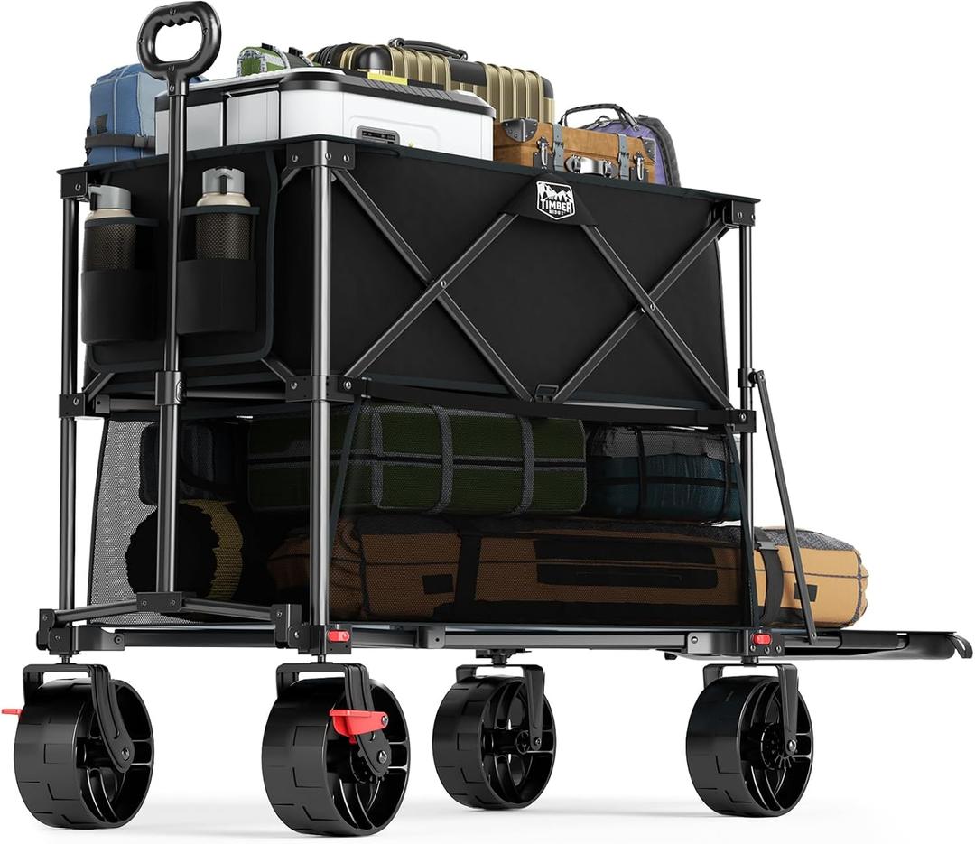 TIMBER RIDGE 400L Large Capacity Folding Double Decker Wagon with Brakes, 54" Extra Long Extender Wagon Cart, 450lbs Heavy Duty Collapsible Cart, All-Terrain Big Wheels for Camping, Sports, Shopping