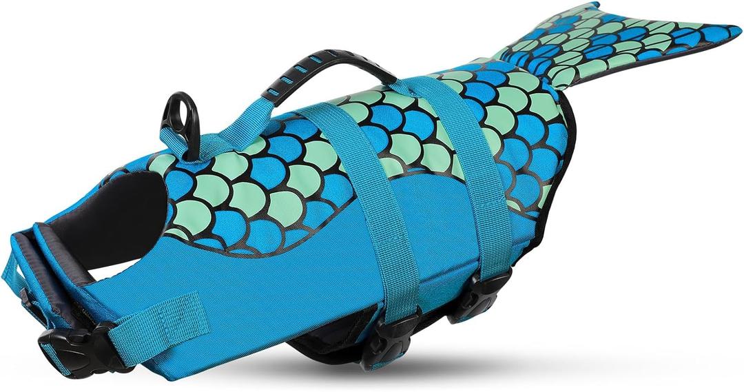 Queenmore Mermaid Dog Life Jacket, Dog Life Vest for Swimming, Dog Floating Vest, Lightweight Dog Swimming Vest, High Buoyant Dog Life Jackets for Small, Medium, Large Dogs (Blue,XXL)