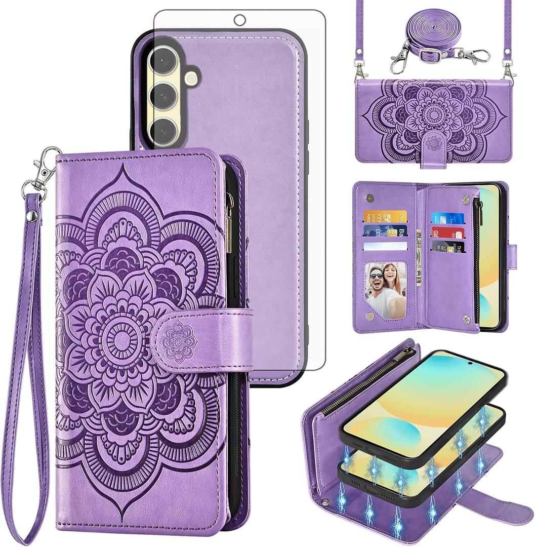 Asuwish Phone Case for Samsung Galaxy S24 FE 5G Zipper Wallet Magnetic Detachable Cell Cover with Tempered Glass Screen Protector Crossbody Strap Flower Card Holder Slot S 24 EF S24FE 24S Women Purple