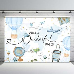 MEHOFOND Travel Theme Boy 1st Birthday Backdrop What a Onederful World Blue Adventure Begins Airplane Photography Background Boy Birthday Party Photo Studio Booth 7x5ft