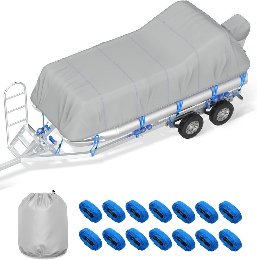 OCEANBROAD 1200D Pontoon Boat Cover Heavy-Duty Waterproof Anti-UV Windproof Marine Grade Oxford with Storage Bag, 19-21ft, Beam Width Up to 8ft, Gray