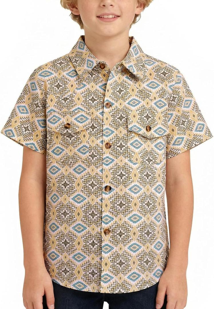Boys Short Sleeve Button Down Shirt Casual Woven Summer Boys Dress Shirts with Two Pockets for Kids 5-12 Years