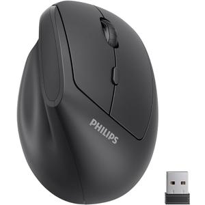 Philips Ergonomic Mouse - Vertical Mouse with 800/1200/1600 Adjustable DPI, 6 Silent Buttons Design for S/M Hands, Auto Power Saving, Light Weight, 2.4GHz Wireless Mouse for Laptop, Desktop, PC-Black