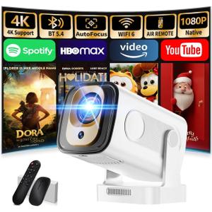 Projector [Auto Focus & Native 1080P & Built-in Apps] Mini Portable Projector 1080P, 4K Full HD with WiFi 6 & Bluetooth 5.4, Auto Focus & Keystone, 270 Rotatable, Compatible with Phone/HDMI/USB,White
