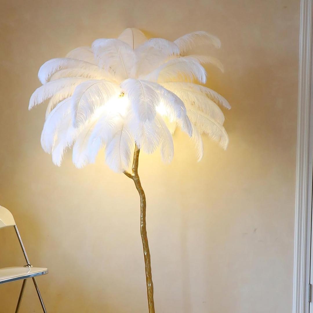 JAYMP Ostrich Feather Floor Lamp for Living Room Sofa Bedside Standing Reading Lamp Elegant Romantic Beautiful (Height 67 inches/ 35 Feathers, White)