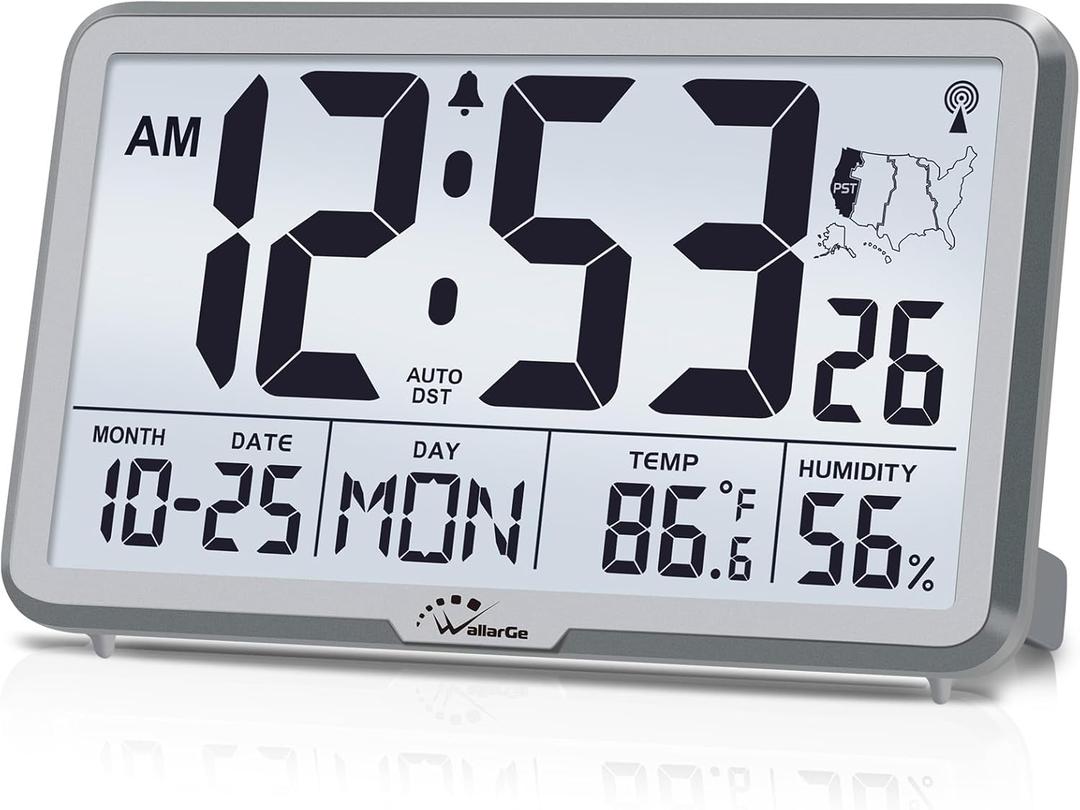 WallarGe Atomic Wall Clock with Backlight, Digital Wall Clock Battery Operated for Classroom, Bedroom, Office, Large Display with Indoor Temperature, Humidity, Date, AUTO DST, 6 Time Zones (Silver)