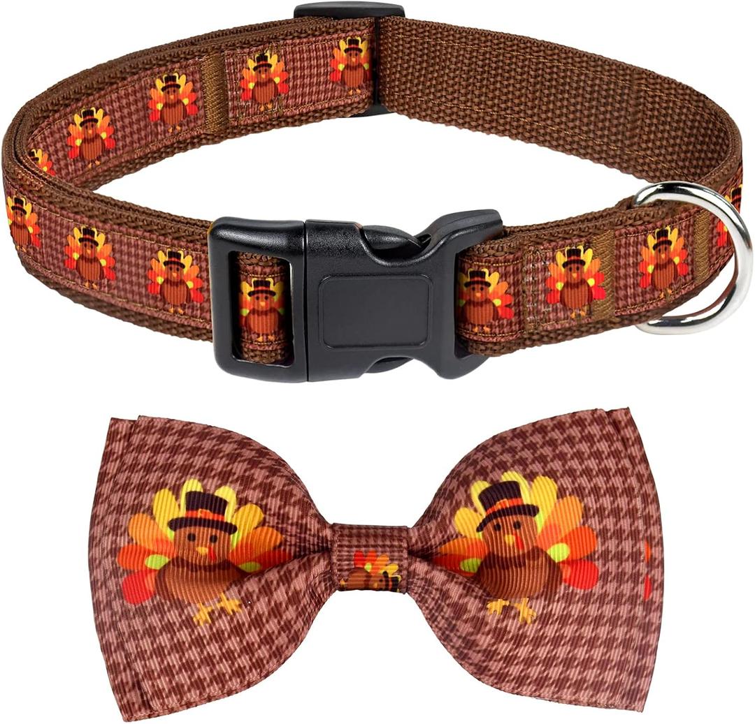Malier Cute Adjustable Thanksgiving Dog Collar with Bowtie, Fall Collar for Girl and Boy Puppies and Dogs (Larger, Turkey-Brown)