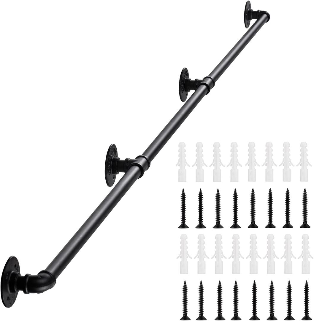 Handrail for Indoor Stairs - 14 Feet Wall Mount Industrial Iron Pipe - Metal Railing Non-Slip Grab Bar - Stairs Porch Deck Hand Rail Matte Black