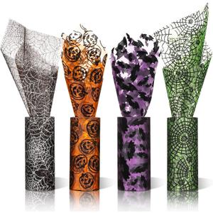 120 Feet/ 4 Rolls Halloween Glitter Tulle Rolls Spider Web Pattern Tulle Ribbon Pumpkin Bat Printed Tulle Rolls Shimmer Tulle Netting Roll for Wreath Making Supplies Halloween Decoration, 5 Inch Wide