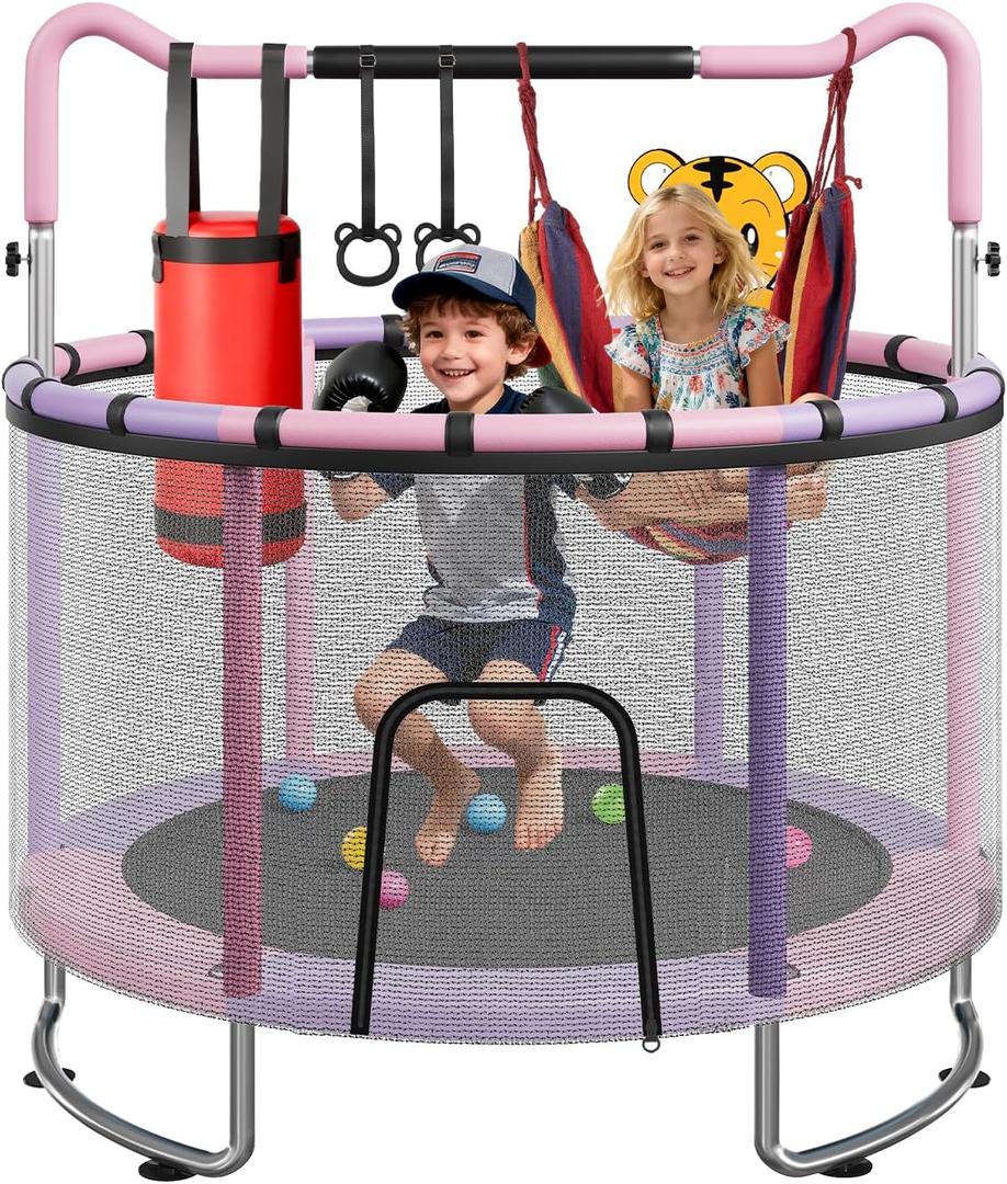 LotFun Trampoline for Kids, Toddler Trampoline with Net, 440 LBS Capacity, Adjustable Height, Basketball Hoop & Sandbag,Gifts for Boys & Girls, Ages 3-12, Size: 59x59x63 IN