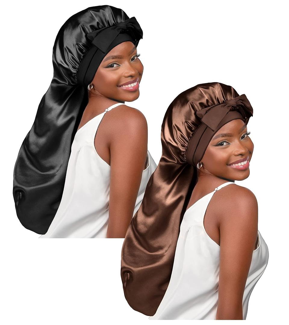 YANIBEST 2Pcs Silk Bonnet for Sleeping Braid Bonnet for Long Hair with Tie Band Bonnet for Braids for Black Women Curly Hair Locs,Black&Brown (Large)