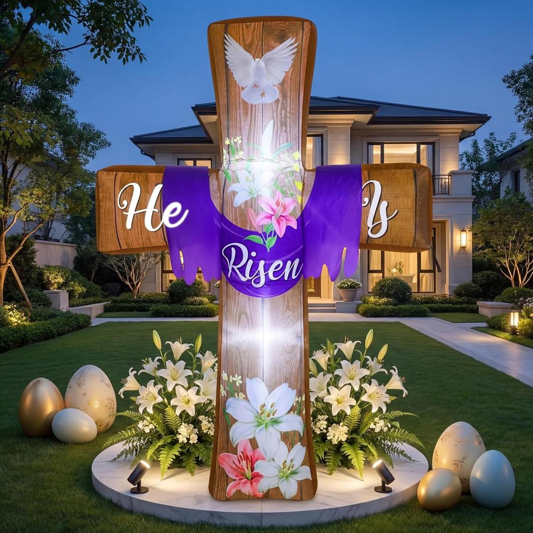 Blueweenly 4.5ft Easter Inflatable Cross Outdoor Decoration He is Risen Blow up Cross Yard Decorations with Build in LED Lights for Easter Christian Religious Yard Garden Lawn Party