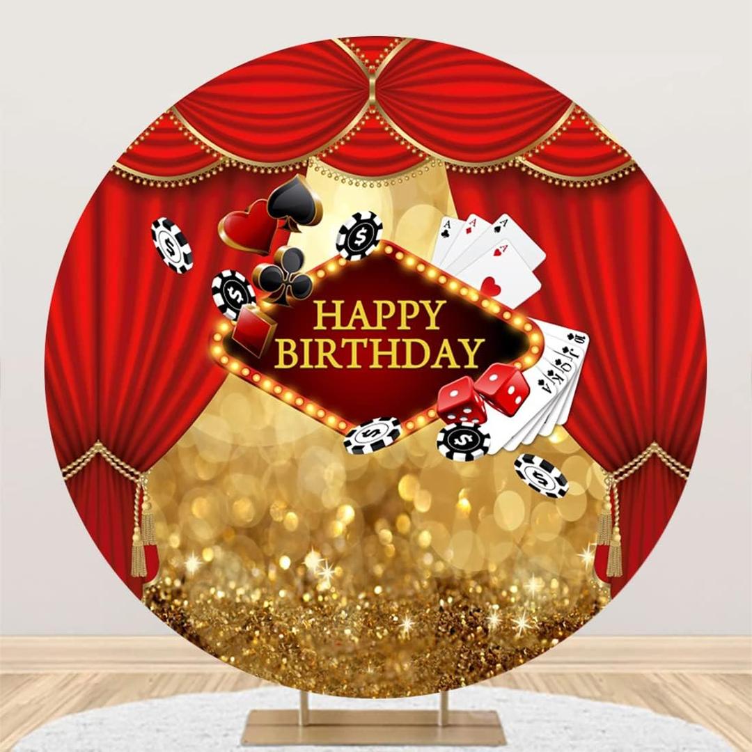 Renaiss 7.2x7.2ft Las Vegas Happy Birthday Round Backdrop Cover Casino Night Golden Glittering Bokeh Circle Photography Background Poker Dice Red Curtains Birthday Party Decors Arch Photo Booth Props