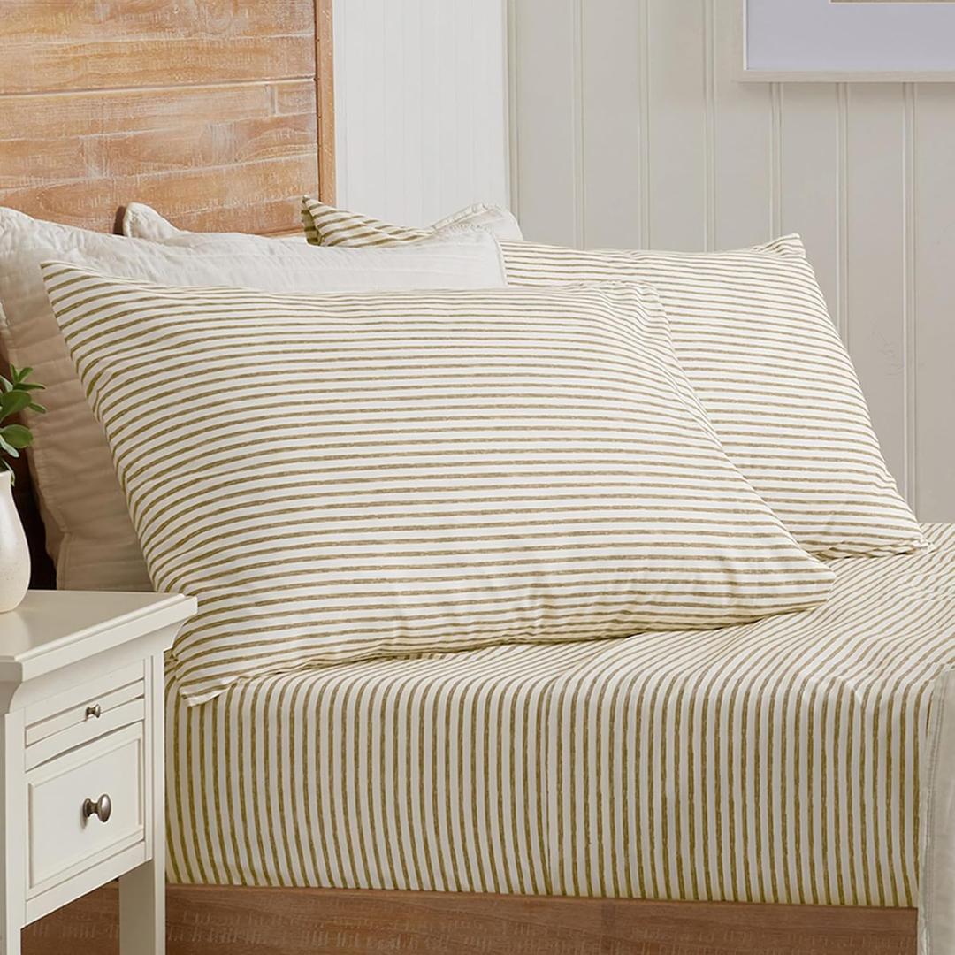 Great Bay Home 4-Piece Queen Size Stripe Microfiber Sheet Set - Ultra-Soft, Brushed Bedding Sheets & Pillowcases - Wrinkle Free, Comfortable, All-Season Bed Sheets (Light Taupe)