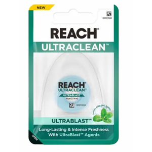 REACH ULTRACLEAN ULTRABLAST, Cool Mint Dental Floss, Plaque Remover for Teeth, Shred Resistant, Waxed, Easy on Gums & Teeth, Fresh Breath, Oral Care, PFAS Free, for Adults & Kids, 25 YD