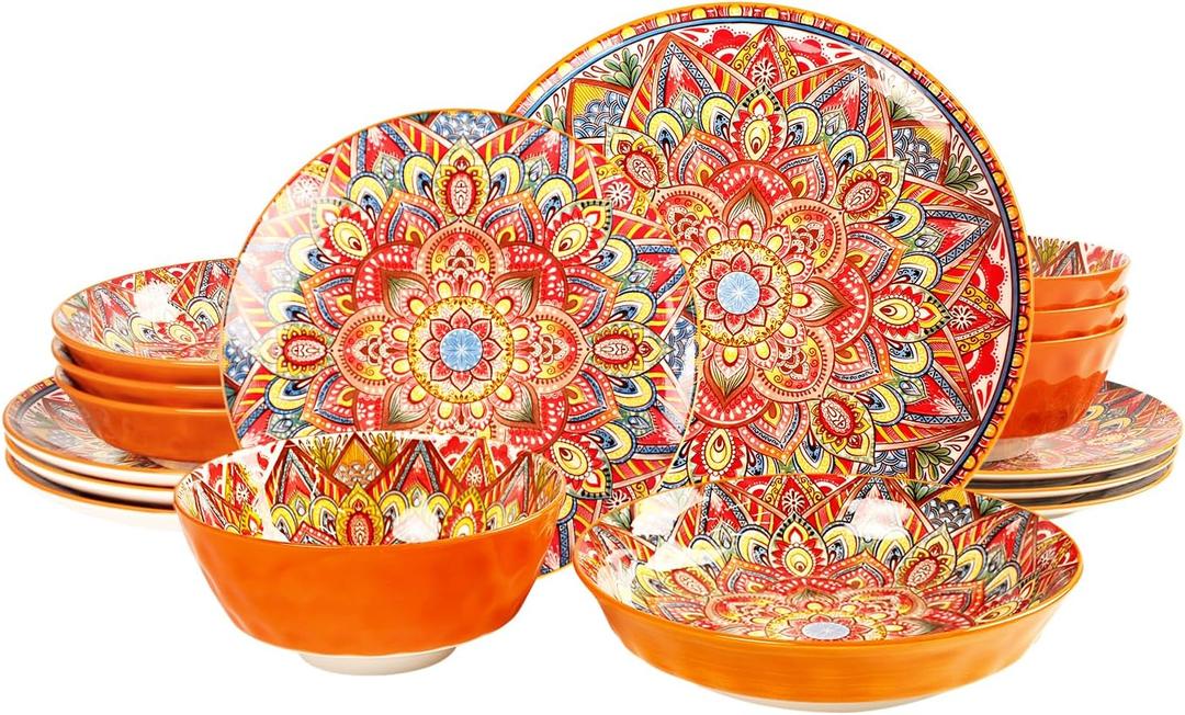 Mandala Dinnerware Sets (16 PCS) Serves for 4, Buffet Dinnerware, Boho Plates and Bowls Set with 8.3" salad Plate 8.6"/10.6"dinner Plate 6.4" bowl, apply Indoor Outdoor Dining