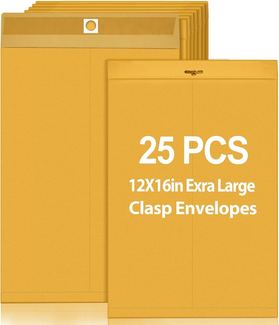 25 Pcs Manilla Envelopes 12 x 16 Inch Large Clasp Envelope Catalog Envelopes with Clasp Closure for Mailing Thick Documents Home, Business, Legal or School Storing Mailing (Golden)