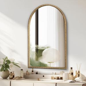Arched Gold Wall Mirror Antique Beaded Frame Bathroom Wall Mirror Baroque Vanity Mirror Decorative Mirrors for Living Room,Bedroom (36"L x 24"W)