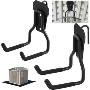 2 Pack Shed Accessories Multi Purpose Shed Hooks Metal Power Tool Holder for Large or Small Tools or Shovels, Black (Short Straight)
