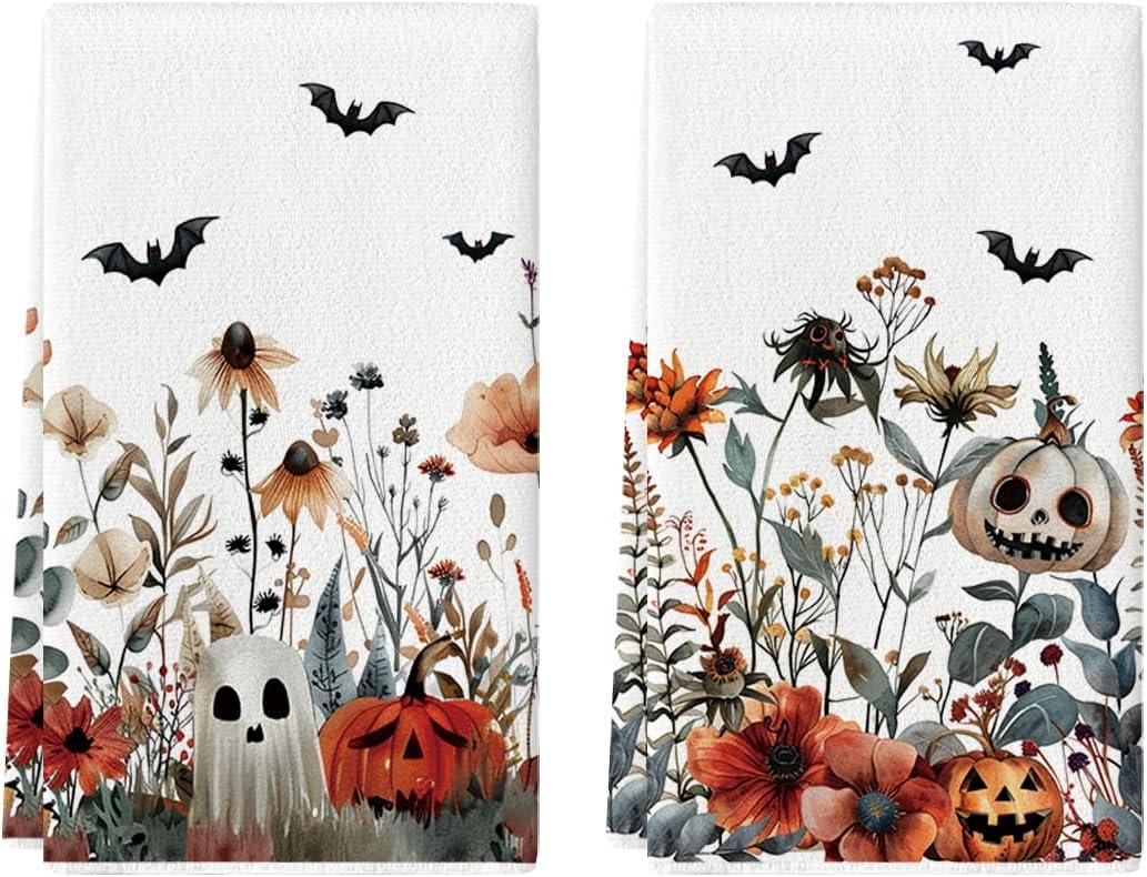 Artoid Mode Ghost Pumpkins Bats Floral Spooky Halloween Kitchen Towels Dish Towels, 18x26 Inch Jack-O'-Lantern Decoration Hand Towels Set of 2