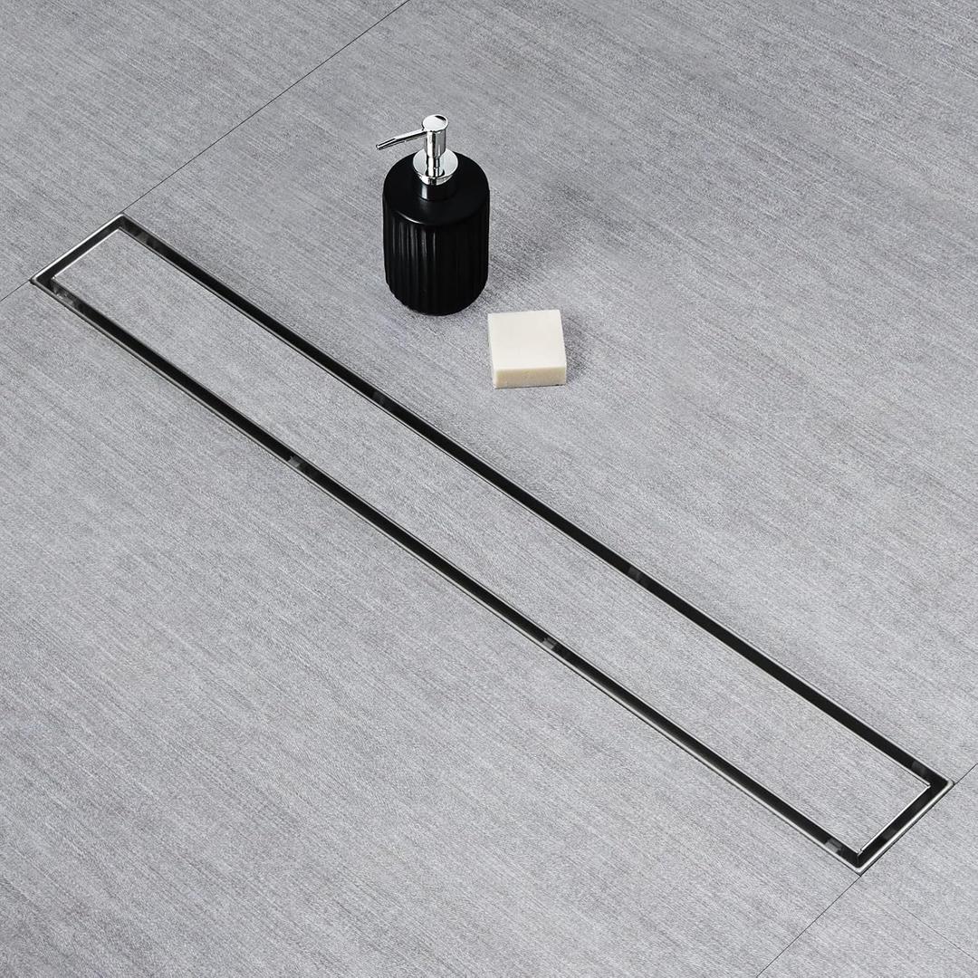 SaniteModar Linear Shower Drain, Shower Drain 32 inch 2 in 1 Tile Insert and Flat Cover, Brushed 304 Stainless Steel Linear Drain with Leveling feet and Hair Strainer