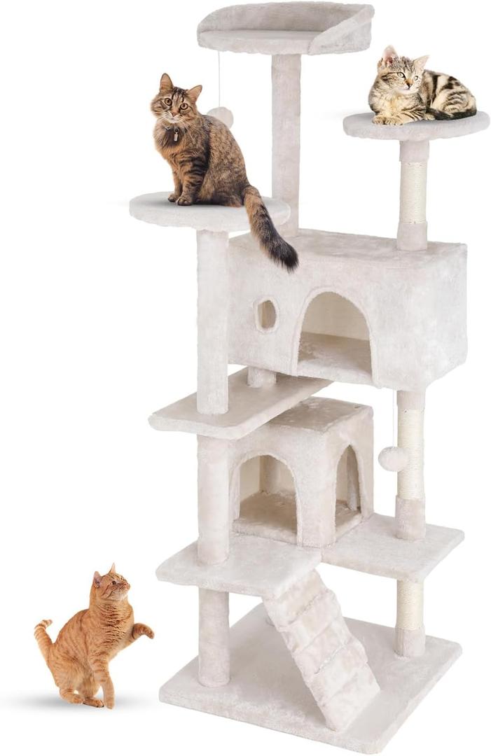 FDW | 54" Cat Tree Tower | Beige | Multi-Level Indoor Activity Center with Sisal Scratching Posts, Condos, Plush Perches, Hanging Cat Toys | Sturdy, Easy to Assemble | for Kittens & Adult Cats