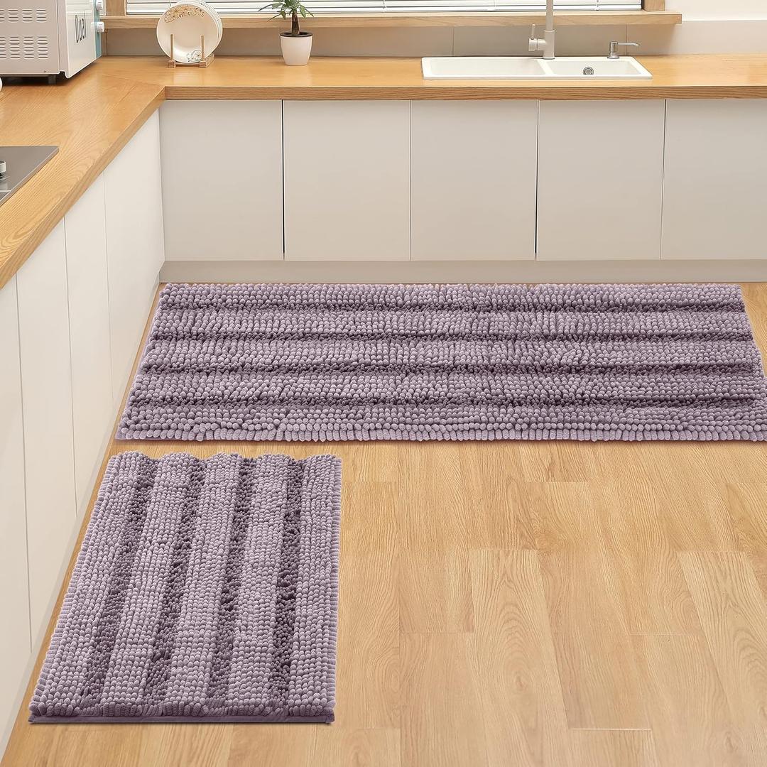 Non Slip Thick Shaggy Chenille Bathroom Rug Sets 2 Piece, Thickened Hot Melt Rubber Bottom Bath Mats for Bathroom, Bath Rugs Quick Dry Machine Washable for Shower (Mauve, 47"x17" Plus 17"x24")