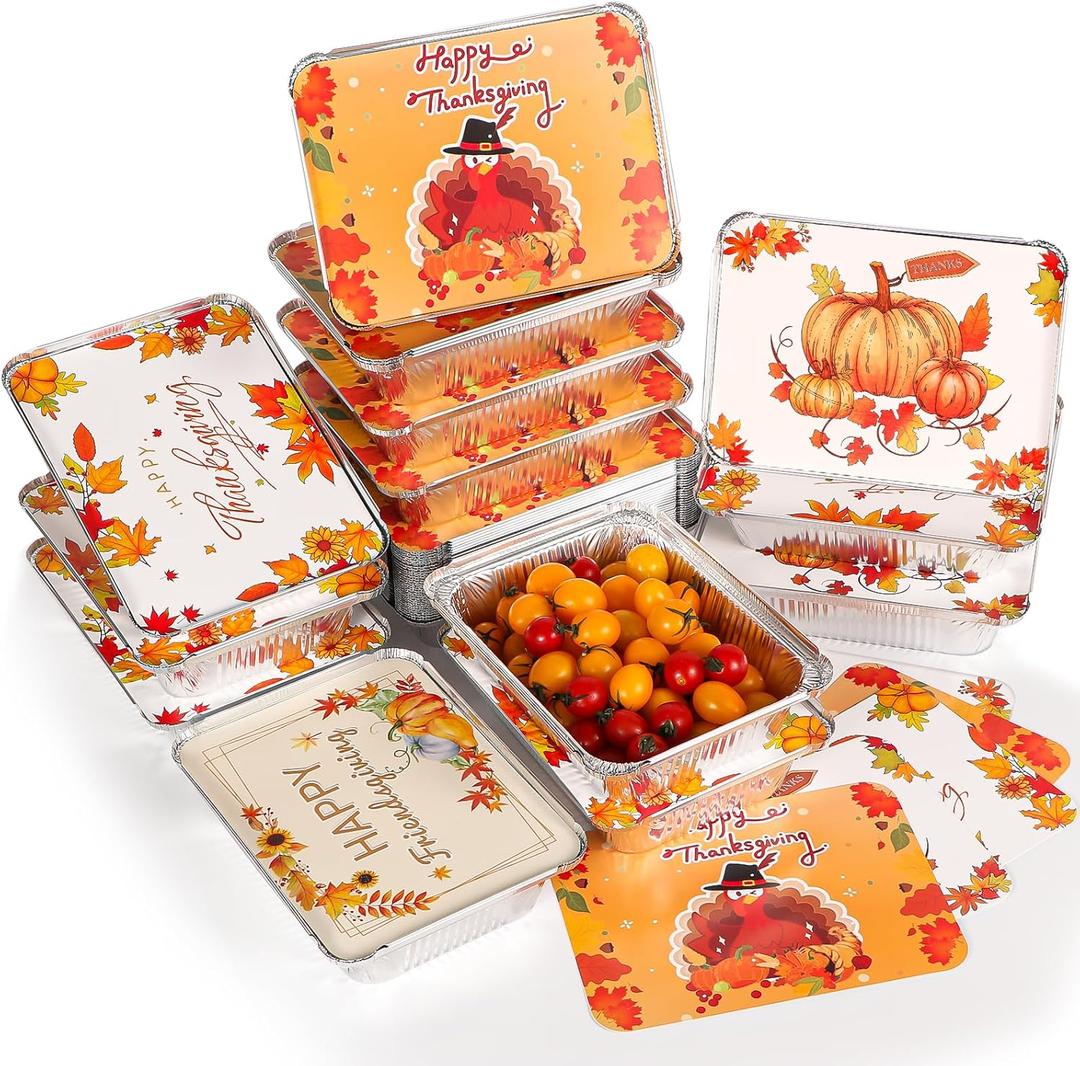 Thanksgiving Aluminum Food Containers With Lids - 48 PCS Disposable Turkey Tin Foil Pans for Leftovers and Party Supplies