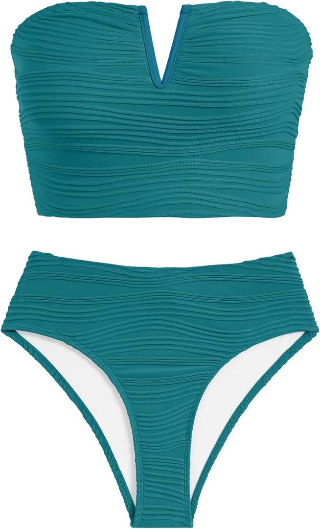 ZAFUL Womens Bandeau Bikini Set Strapless Textured Two Piece Lace up Bathing Suits High Waisted V-Neck Swimsuits (Blue)