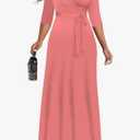 Women's Casual Maxi Dress Solid Bohemian Summer Dress Wrap V Neck 3/4 Sleeves Elegant Wedding Guest Midi Dress Belt, Medium