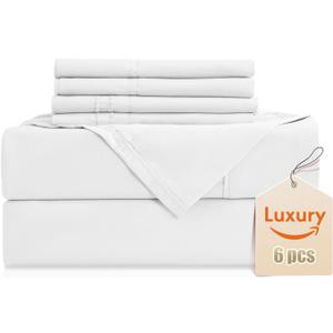 CozySmile Full Sheet Set,Luxury Silky Soft 6 Piece Bed Sheet Set Fits 16 inch Deep Pocket Mattresses, Wrinkle Free & Breathable Cooling Machine Washable Hotel Bedding Sheets Full Size (White)