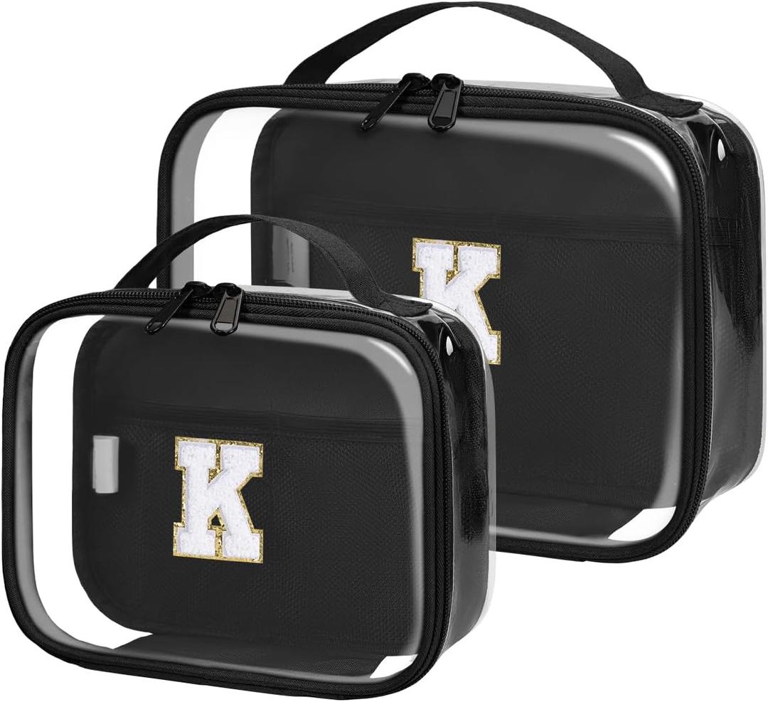 Wandering Nature Clear Makeup Bags 2 Pack Personalized Initial Makeup Pouch Preppy Small Cosmetic Pouch Organizer Travel Toiletry Bag, Birthday Gifts for Girlfriend Women (Black)