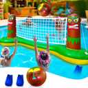 Large Inflatable Luau Tiki Pool Games Volleyball Net Pool Float Set with 9" Beach Ball, Floating Swimming Water Sports Game Toy for Adults & Kids, Summer Luau Tropical Hawaiian Party Supplies