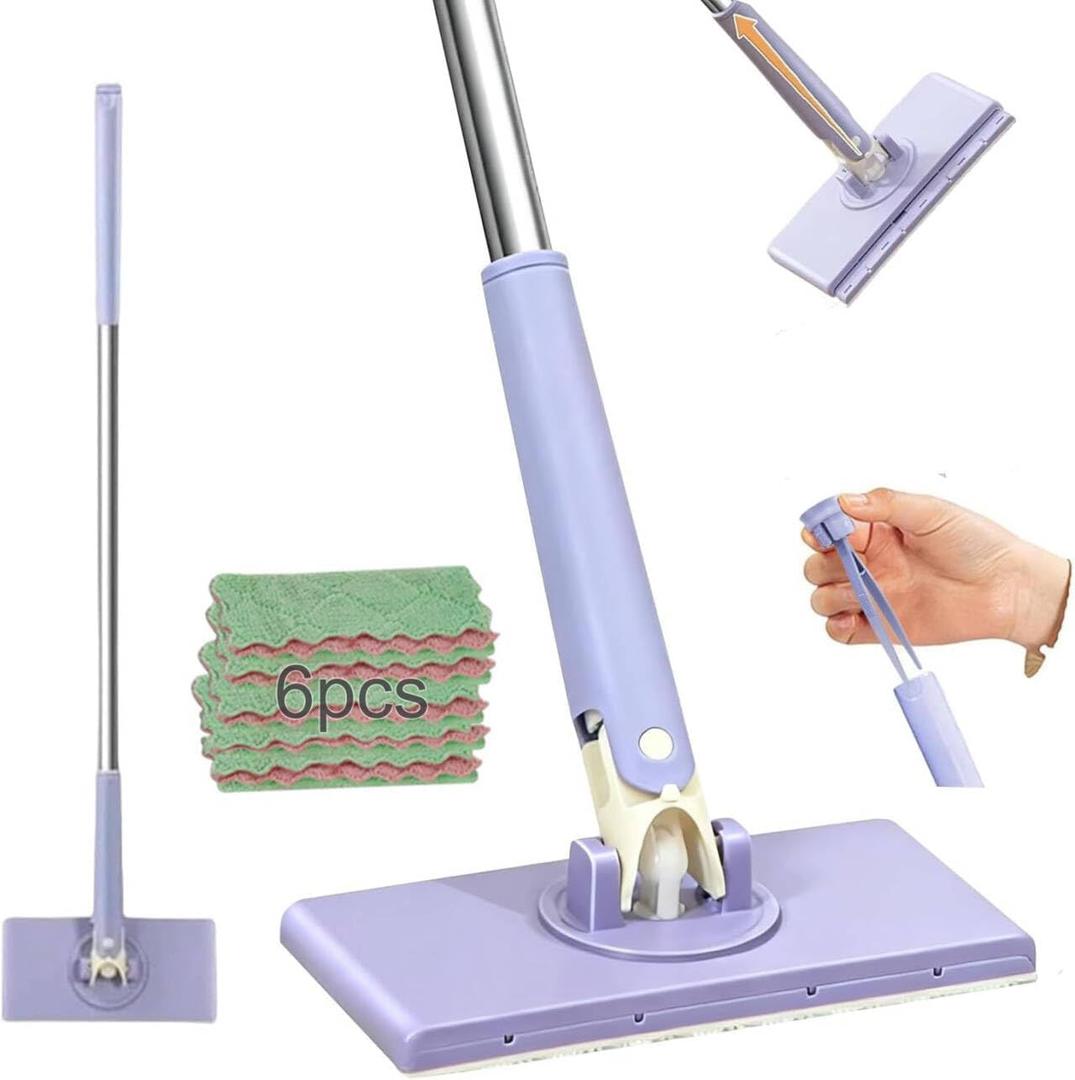 Snap Grip Mini Mop, Zero Touch Cloth Changing Mop with Automatic Push Pull Handle,360 Rotating Lazy Mops Wet Dry for Whole House Cleaning,Retractable Gap Dust Cleaner Flat Mops (Purple-6 Cloths)