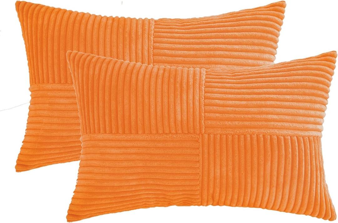 HWY 50 Orange Corduroy Patchwork Throw Pillow Covers 12x20 Inch Rectangle, Set of 2, Soft Cozy Textured Decorative Cushion Cases for Couch Sofa Bed Living Room, Boho Striped Home Decor