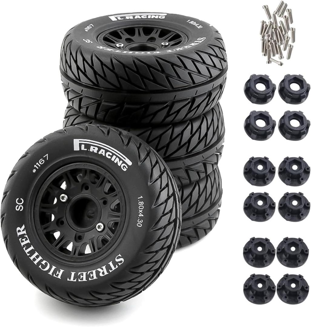 1/10 RC Short Course Truck Tires And Wheels With 12mm 14mm 17mm Hex 113mm 1/8 Rubber Tyres For 1/8 or 1/10 Scale On Road Car HSP Sonic 94102 GT PTG-2 Tamiya TT02 RC Racing Car 4PCS (Black B)