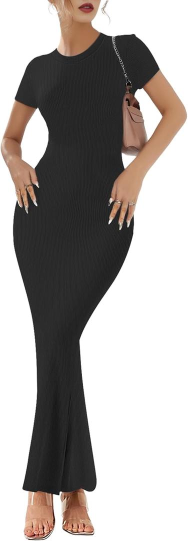 Buauty Women Bodycon Dresses Ribbed Maxi Dresses Basic Summer Casual Long Dress Black Wedding Guest Dress Formal Party, Size: X-Large