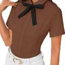 Rooscier Women's Collared Bow Tie Shirt Button Down Short Sleeve Elegant Work Business Blouse Top (Brown, S)