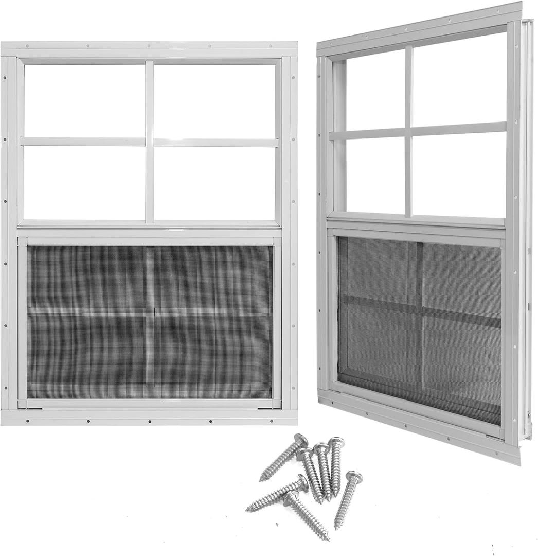 Yuzzy 18" x 23" Shed Windows with Tempered Glass and Fiberglass Screen, 2 Pack Small Sliding Windows for Shed, Chicken Coop, Playhouse, Household, Garage, Barns (White)