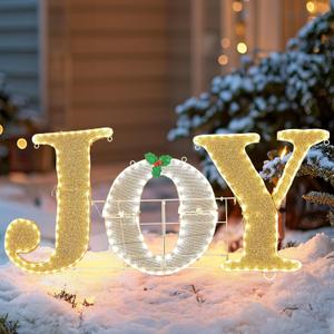 Brightown 48in Christmas Joy Outdoor Decoration, 3-Piece Large JOY Yard Sign with 213LED Twinkle Lights, Pre-lit Light Up JOY Decor for Xmas Front Door Indoor Outside Lawn Yard Lighted Holiday Display