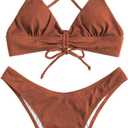 ZAFUL Women's Sexy Triangle Bikini Set Floral Print Spaghetti Strap 2 Piece Swimsuit Crisscross High Cut Bathing Suit (Large, 1-coffee)