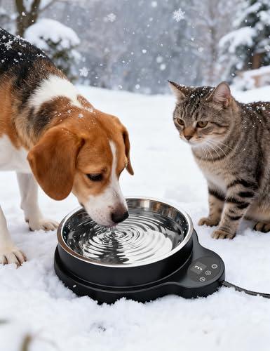 Heated Water Bowl for Dogs & Cats, 100W Heated Pet Bowl Outdoor with 3 Temperature Settings, 12H Timer, BPA-Free&50OZ Removable Stainless Steel Bowl, Anti-Chew Cord for Chickens, Ducks, Birds, Animal