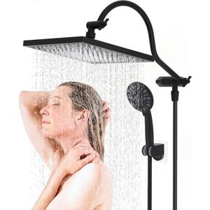Hibbent 10 Inch High Pressure Rainfall Shower Head/Handheld Showerhead Combo with 12 Inch Adjustable Curved Shower Extension Arm,7-Spray,71-inch Hose Adhesive Showerhead Holder,Matte Black