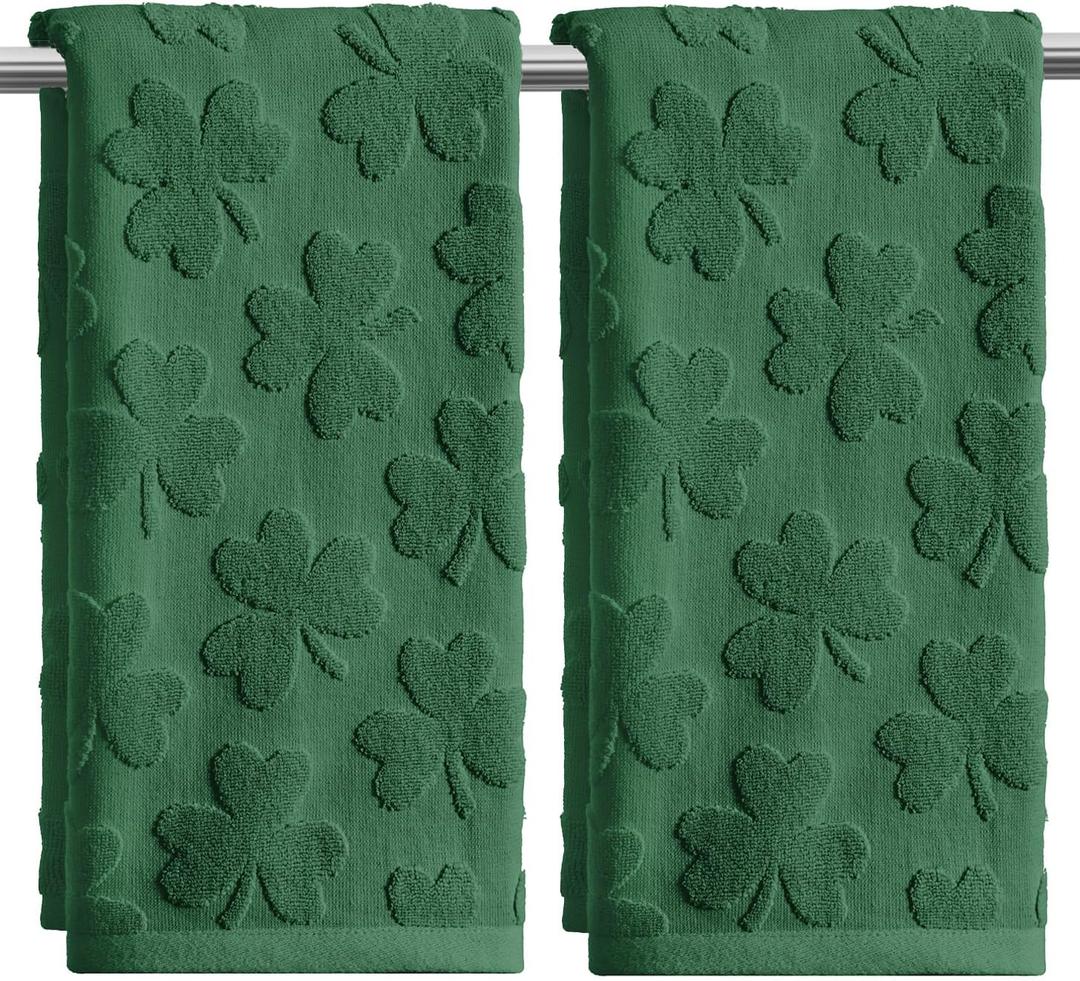 Artoid Mode 2 Pcs Dark Green 3D Shamrock Jacquard Patrick Hand Towels for Bathroom, 100% Cotton Soft Absorbent Bathroom Decor Towels, 13.7 x 29.5 Inch