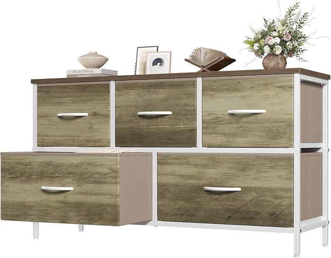 OLIXIS 5 Drawer Dresser for Bedroom, Storage Organizer Unit for Closet
Chest of Drawers for Clothes Storage with Bins, Wide Fabric Bedroom Dresser, Wooden Top, Living Room, Greige Oak
