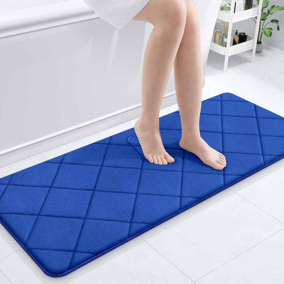 OLANLY Memory Foam Bath Mat 47x20, Ultra Soft and Absorbent Bathroom Rugs, Machine Washable, Comfortable Bath Carpet for Bathroom Floor, Tub and Shower, Royal Blue