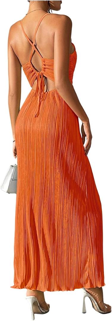 OYOANGLE Women's Summer Textured V Neck Sundress Tie Back Spaghetti Strap Pleated A Line Beach Long Maxi Party Dress, Small