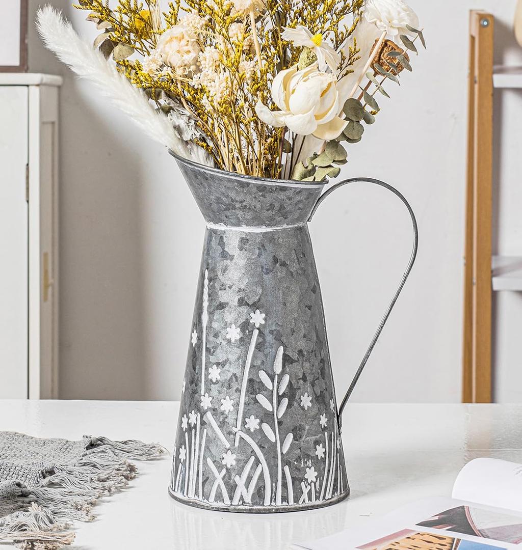 Vintage Galvanized Metal Pitcher Vase, Farmhouse Rustic Flower Vase with Handle, Decorative Floral Milk Jug Vase for Home Dcor, 10.8H